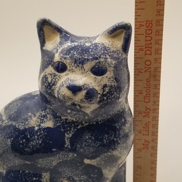 Vintage 80s Patchwork Ceramic Cat Figurine Blue Glossy Collectible 9" Hand Paint - Picture 10 of 12